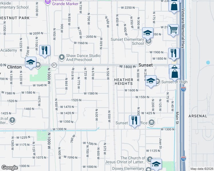 map of restaurants, bars, coffee shops, grocery stores, and more near 1641 North 550 West in Clinton