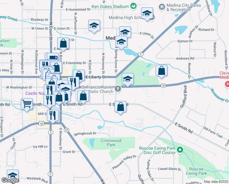map of restaurants, bars, coffee shops, grocery stores, and more near 217 South Spring Grove Street in Medina