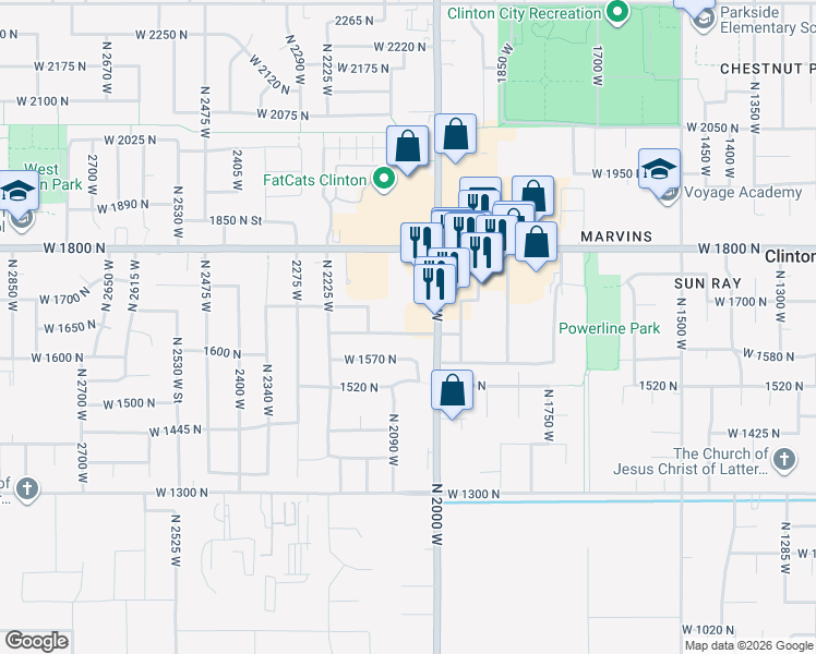 map of restaurants, bars, coffee shops, grocery stores, and more near 2056 1630 North Street in Clinton