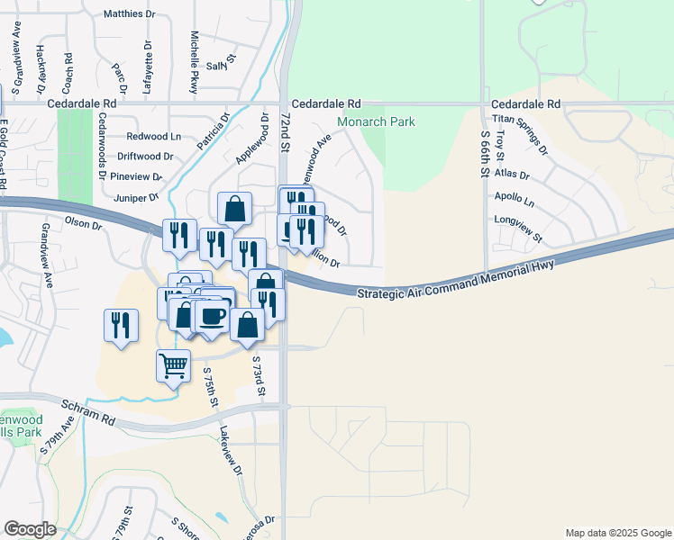 map of restaurants, bars, coffee shops, grocery stores, and more near 1521 Papillion Drive in Papillion