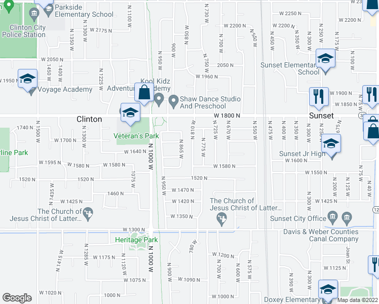 map of restaurants, bars, coffee shops, grocery stores, and more near 1641 North 810 West in Clinton