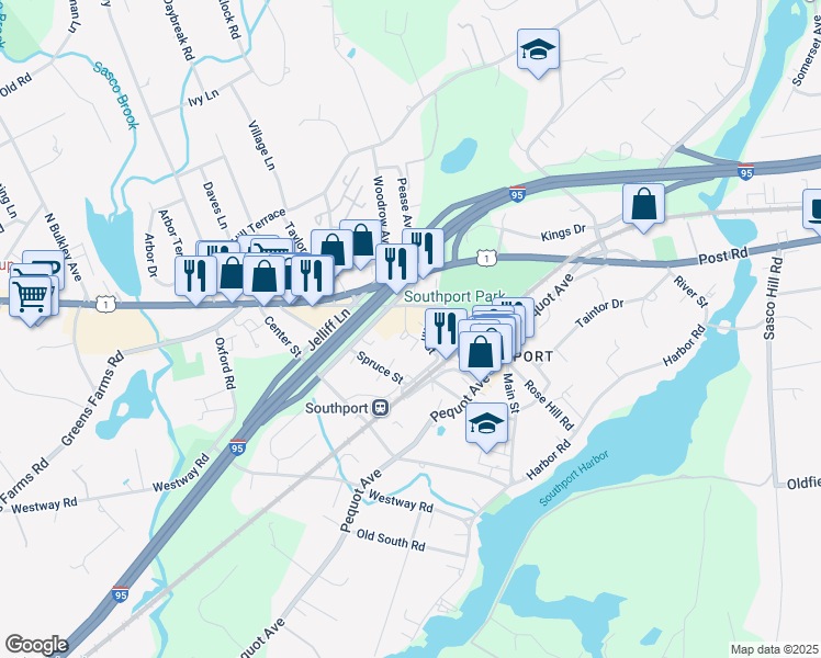map of restaurants, bars, coffee shops, grocery stores, and more near 23 Elmwood Drive in Fairfield