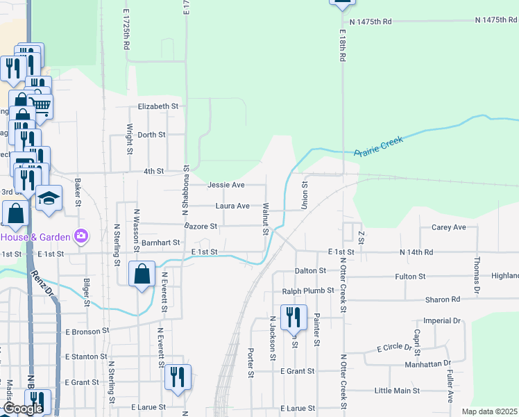 map of restaurants, bars, coffee shops, grocery stores, and more near 1501 Walnut Street in Streator