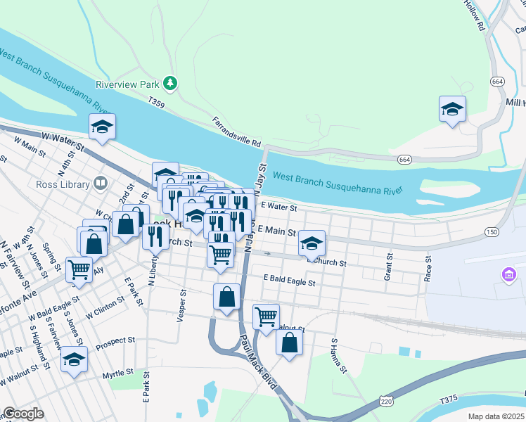 map of restaurants, bars, coffee shops, grocery stores, and more near 300 East Water Street in Lock Haven