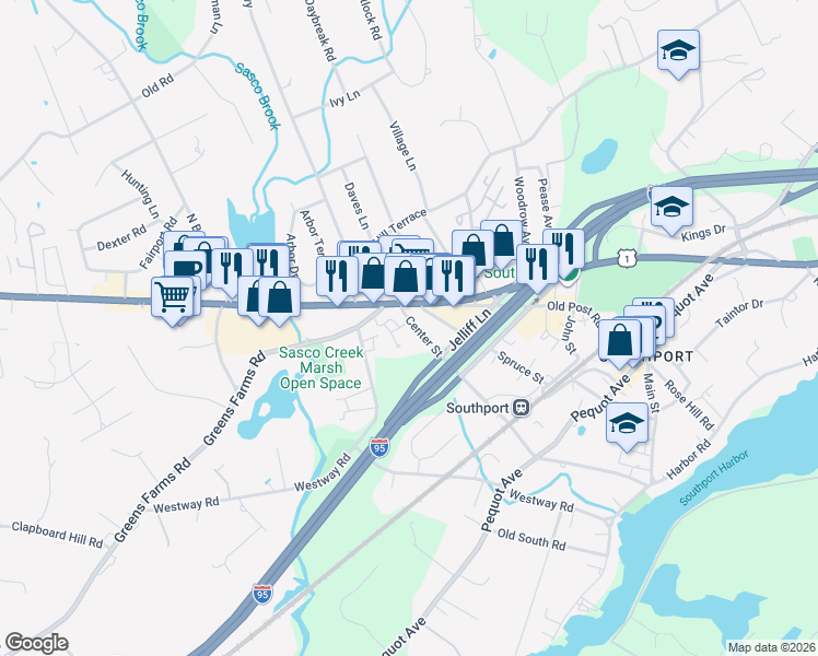 map of restaurants, bars, coffee shops, grocery stores, and more near 639 Center Street in Fairfield