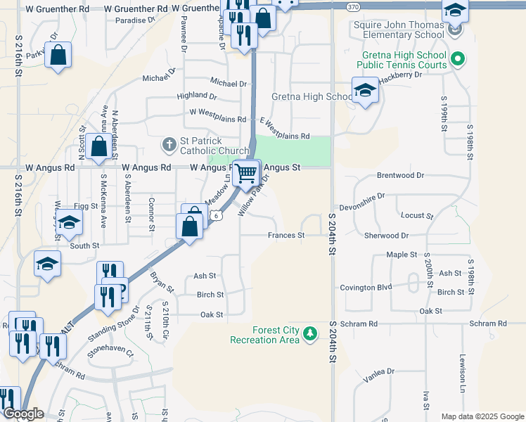 map of restaurants, bars, coffee shops, grocery stores, and more near 20718 Locust Street in Gretna