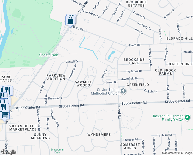 map of restaurants, bars, coffee shops, grocery stores, and more near 6217 Crofton Drive in Fort Wayne