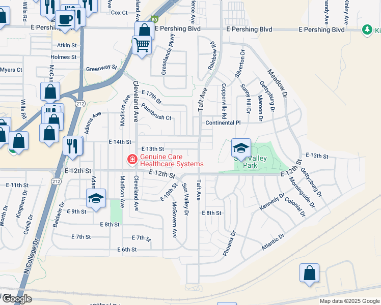 map of restaurants, bars, coffee shops, grocery stores, and more near 4805 East 13th Street in Cheyenne