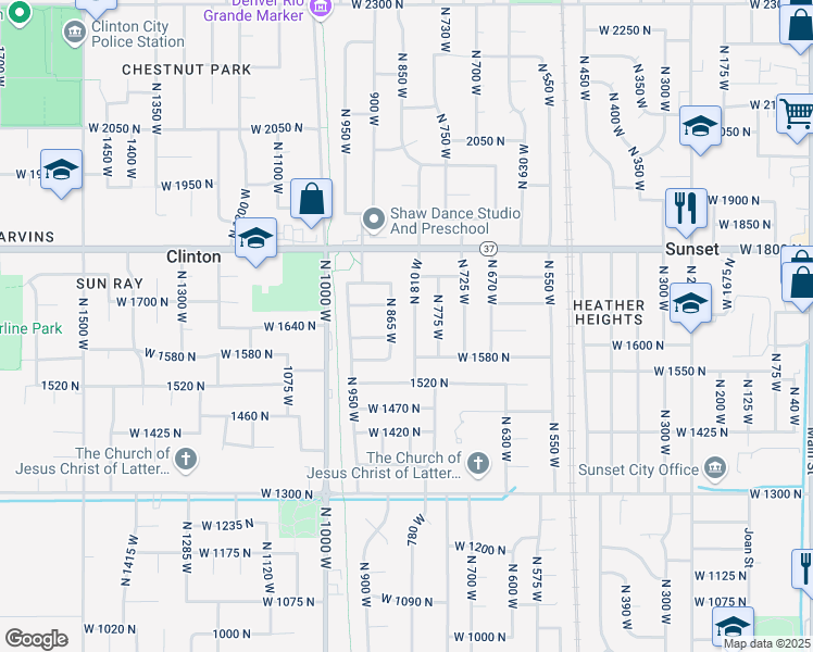map of restaurants, bars, coffee shops, grocery stores, and more near 1634 North 865 West in Clinton
