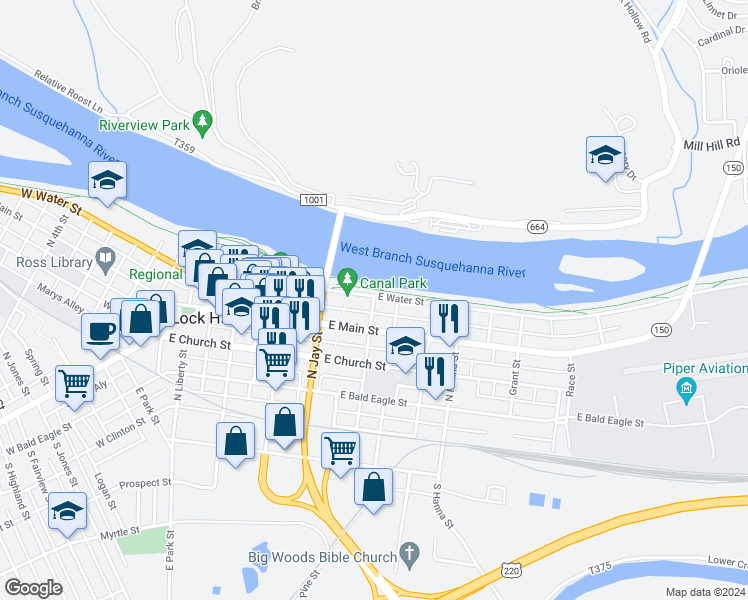 map of restaurants, bars, coffee shops, grocery stores, and more near 344 East Water Street in Lock Haven