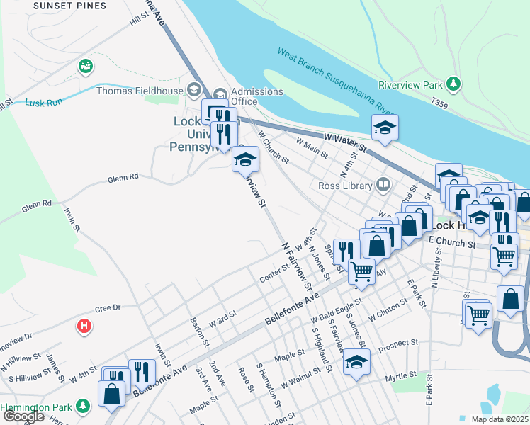 map of restaurants, bars, coffee shops, grocery stores, and more near 171 North Fairview Street in Lock Haven
