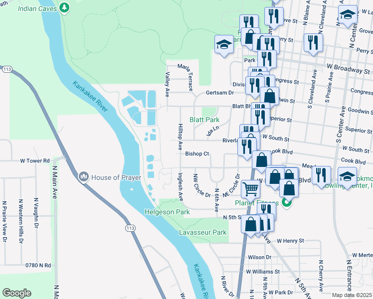 map of restaurants, bars, coffee shops, grocery stores, and more near 612 Hilltop Avenue in Bradley