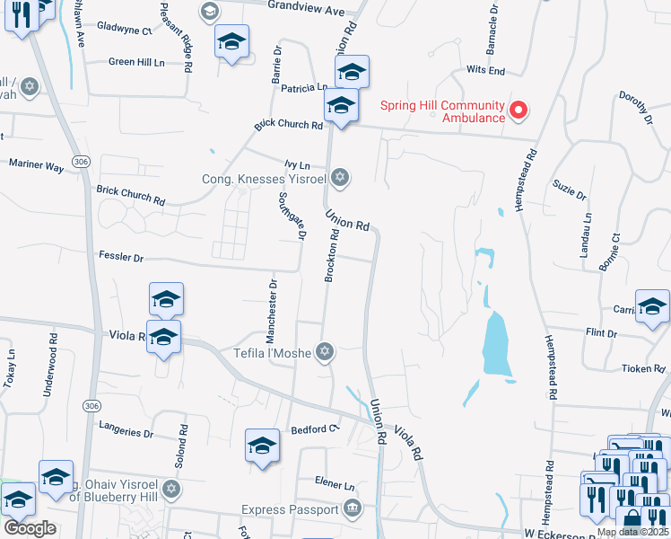 map of restaurants, bars, coffee shops, grocery stores, and more near 10 Brockton Road in Spring Valley