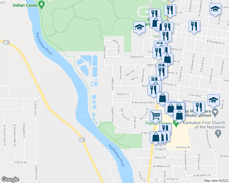 map of restaurants, bars, coffee shops, grocery stores, and more near 612 Hilltop Avenue in Bradley