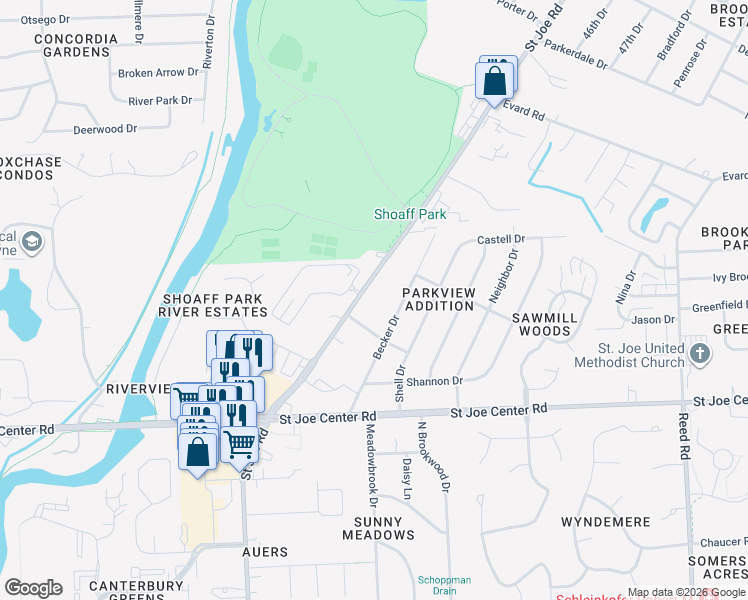 map of restaurants, bars, coffee shops, grocery stores, and more near 6246 Saint Joe Road in Fort Wayne