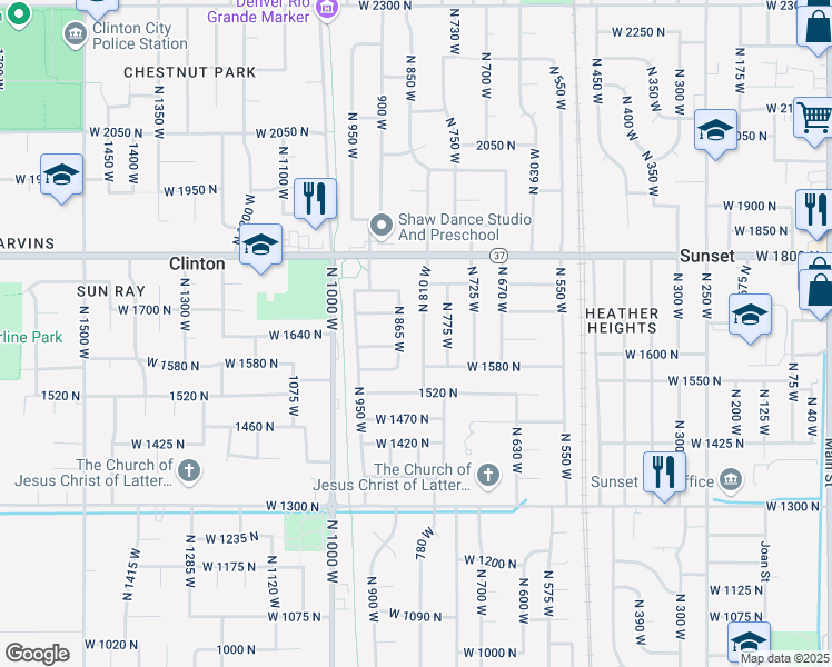 map of restaurants, bars, coffee shops, grocery stores, and more near 1634 North 865 West in Clinton