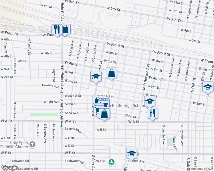 map of restaurants, bars, coffee shops, grocery stores, and more near 1815 West 2nd Street in North Platte