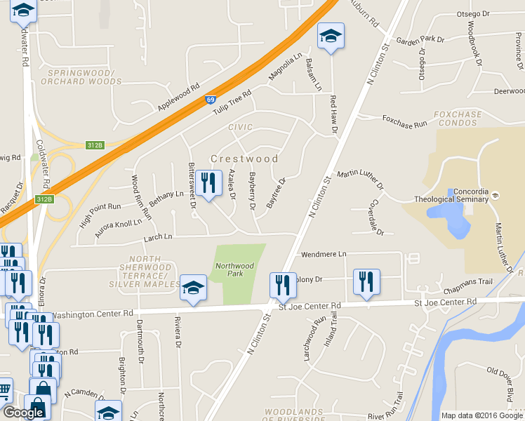 map of restaurants, bars, coffee shops, grocery stores, and more near 6319 Baytree Drive in Fort Wayne