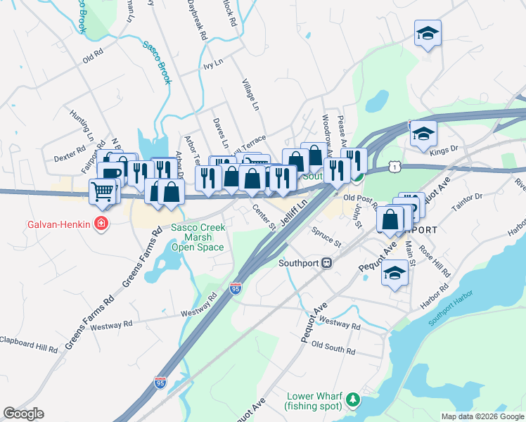 map of restaurants, bars, coffee shops, grocery stores, and more near 639 Center Street in Fairfield