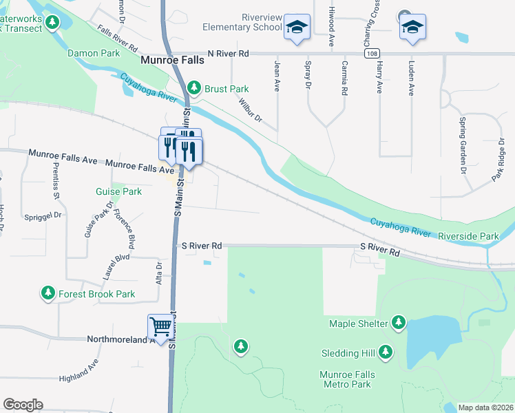 map of restaurants, bars, coffee shops, grocery stores, and more near 132 Castle Drive in Munroe Falls