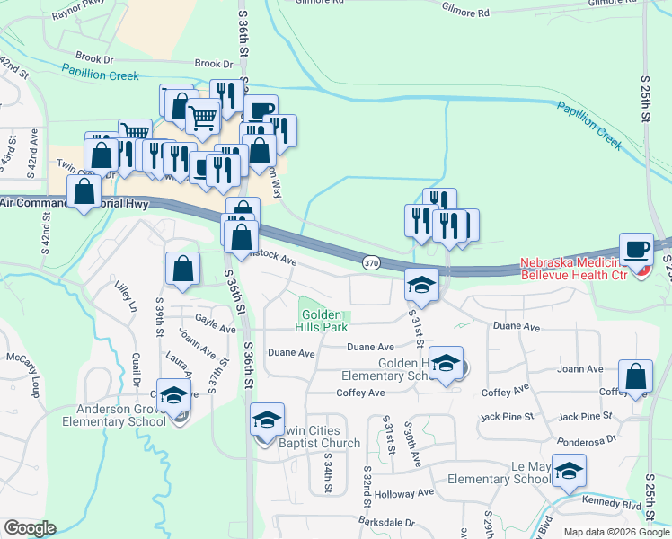 map of restaurants, bars, coffee shops, grocery stores, and more near 3312 Comstock Avenue in Bellevue