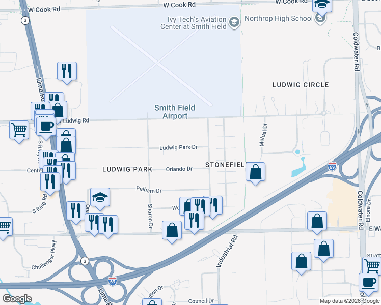 map of restaurants, bars, coffee shops, grocery stores, and more near 807 Ludwig Park Drive in Fort Wayne