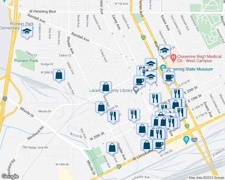 map of restaurants, bars, coffee shops, grocery stores, and more near 623 West 24th Street in Cheyenne