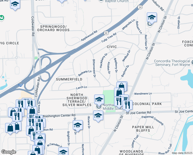 map of restaurants, bars, coffee shops, grocery stores, and more near 6407 Bittersweet Drive in Fort Wayne
