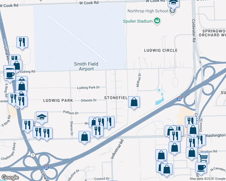 map of restaurants, bars, coffee shops, grocery stores, and more near 605 Copperfield Drive in Fort Wayne