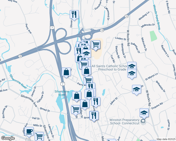 map of restaurants, bars, coffee shops, grocery stores, and more near 340 Main Avenue in Norwalk