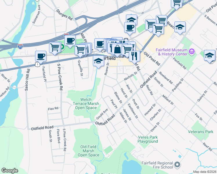 map of restaurants, bars, coffee shops, grocery stores, and more near 42 Blaine Street in Fairfield