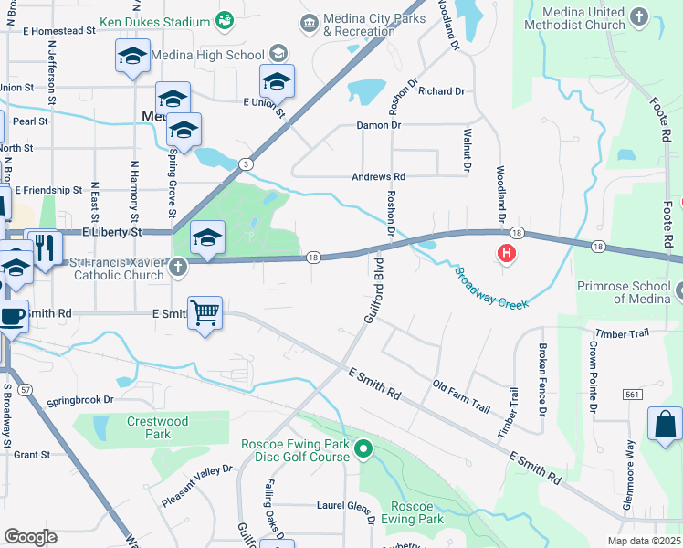 map of restaurants, bars, coffee shops, grocery stores, and more near 812 East Washington Street in Medina