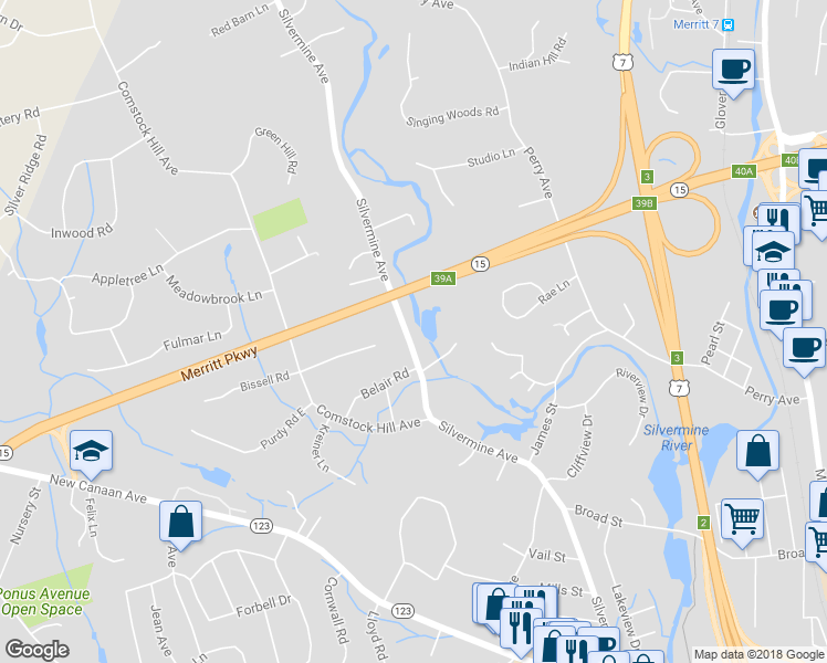 map of restaurants, bars, coffee shops, grocery stores, and more near 154 Silvermine Avenue in Norwalk