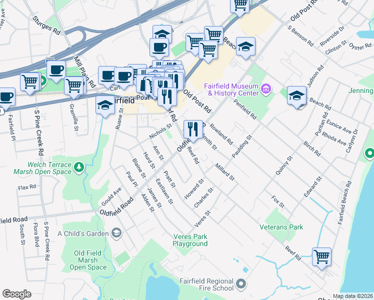 map of restaurants, bars, coffee shops, grocery stores, and more near 264 Reef Road in Fairfield