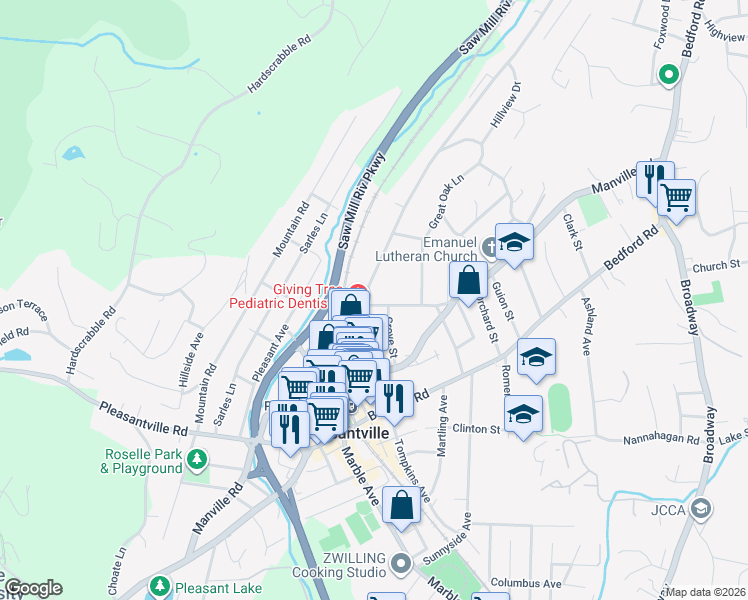map of restaurants, bars, coffee shops, grocery stores, and more near 231 Edgewood Avenue in Pleasantville