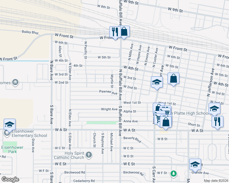 map of restaurants, bars, coffee shops, grocery stores, and more near 2551 Pawnee Avenue in North Platte