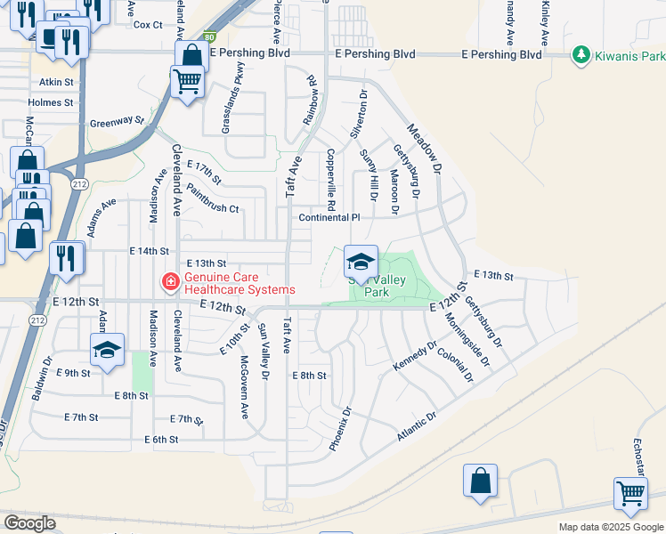 map of restaurants, bars, coffee shops, grocery stores, and more near 5021 East 13th Street in Cheyenne