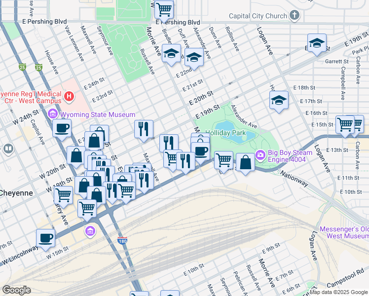 map of restaurants, bars, coffee shops, grocery stores, and more near 820 East 17th Street in Cheyenne