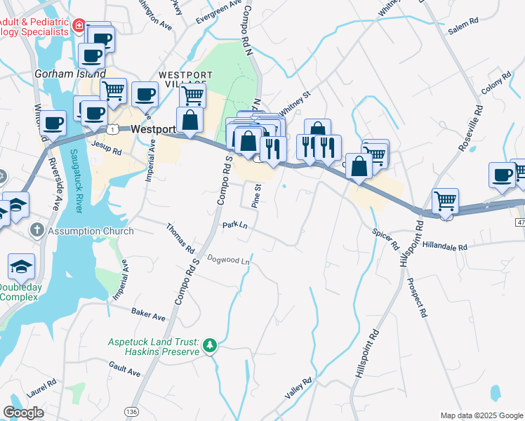 map of restaurants, bars, coffee shops, grocery stores, and more near 11 Pine Street in Westport