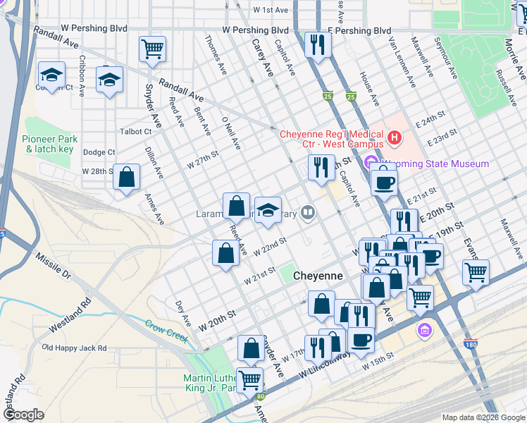 map of restaurants, bars, coffee shops, grocery stores, and more near 2310 O Neil Avenue in Cheyenne