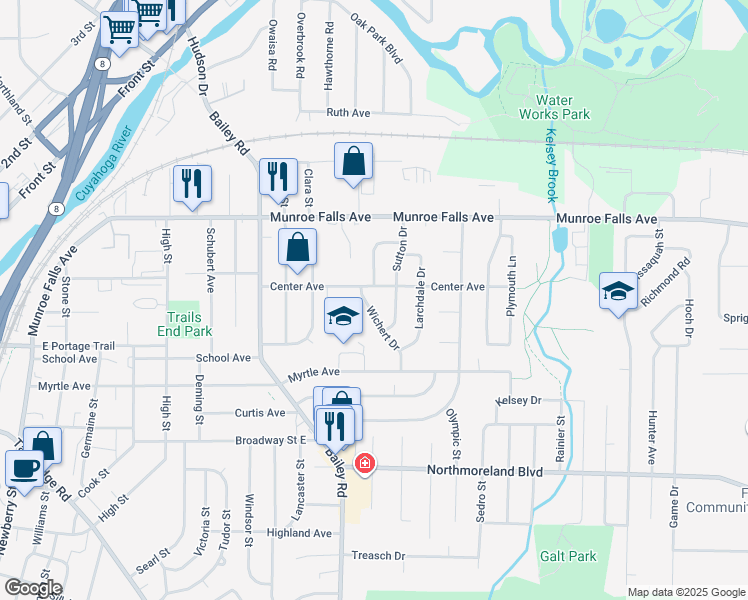 map of restaurants, bars, coffee shops, grocery stores, and more near 2210 Sutton Drive in Cuyahoga Falls