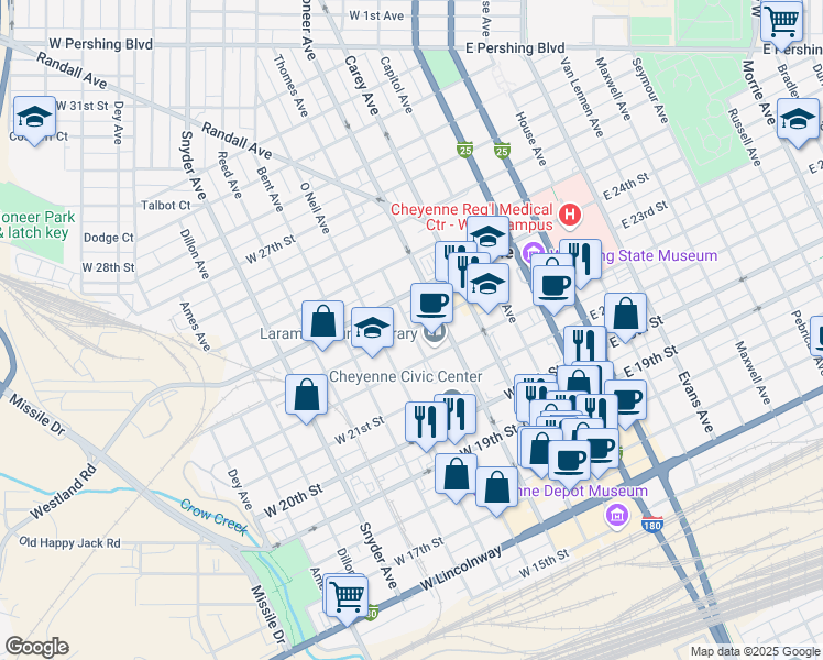 map of restaurants, bars, coffee shops, grocery stores, and more near 2298 Thomes Avenue in Cheyenne