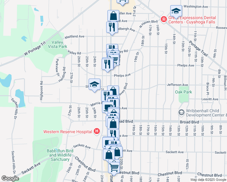 map of restaurants, bars, coffee shops, grocery stores, and more near 2225 State Road in Cuyahoga Falls
