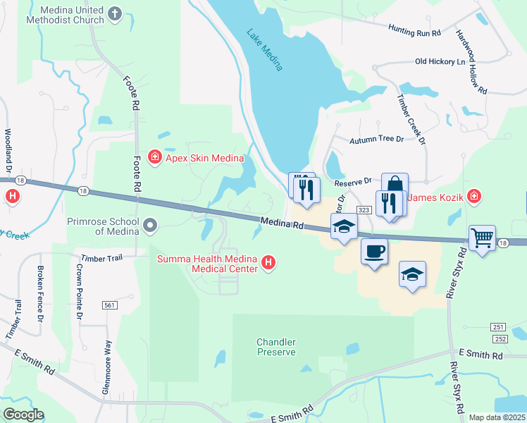 map of restaurants, bars, coffee shops, grocery stores, and more near 3772 Retreat Drive in Medina