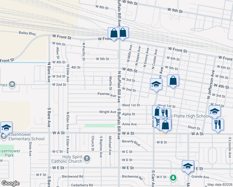 map of restaurants, bars, coffee shops, grocery stores, and more near 2551-2599 Pawnee Avenue in North Platte