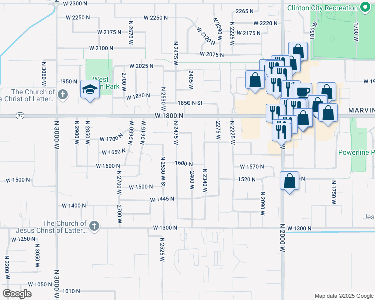 map of restaurants, bars, coffee shops, grocery stores, and more near 1637 2400 West in Clinton