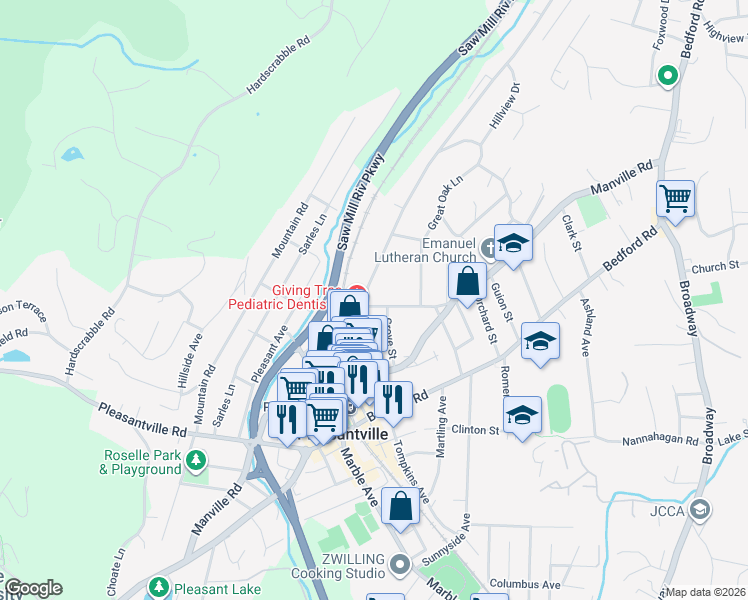 map of restaurants, bars, coffee shops, grocery stores, and more near 231 Edgewood Avenue in Pleasantville