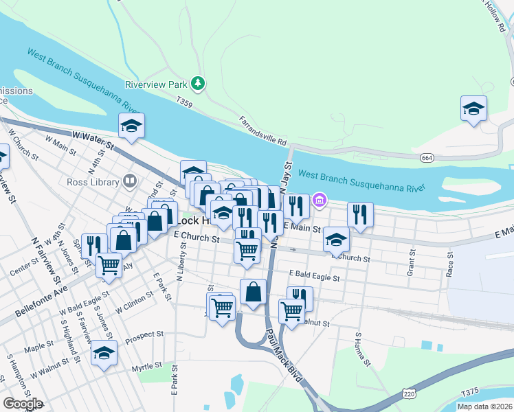 map of restaurants, bars, coffee shops, grocery stores, and more near 142 East Water Street in Lock Haven