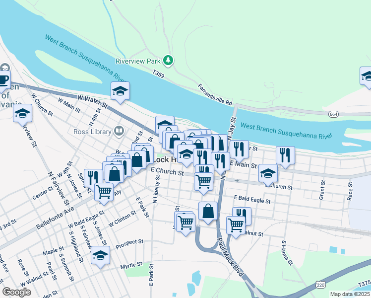 map of restaurants, bars, coffee shops, grocery stores, and more near in Lock Haven