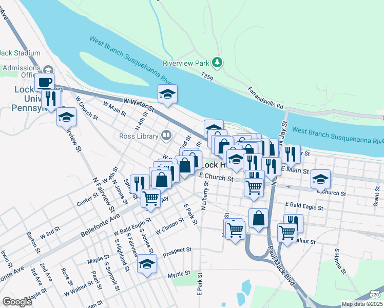 map of restaurants, bars, coffee shops, grocery stores, and more near 137 1st Street in Lock Haven